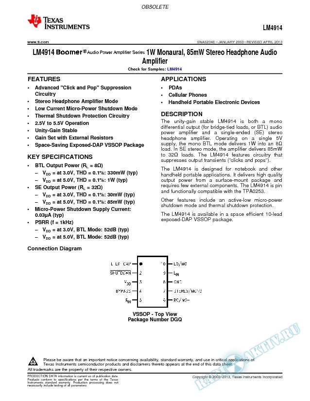 LM4914  1W Monaural, 85mW Stereo Headphone Audio Amplifier (Rev. E)