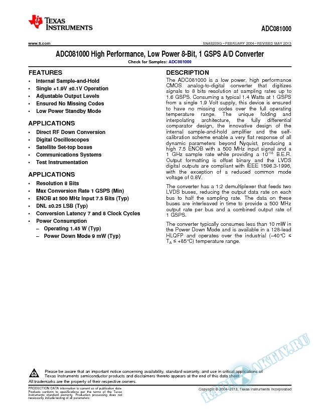 ADC081000 High Performance, Low Power 8-Bit, 1 GSPS A/D Converter (Rev. G)