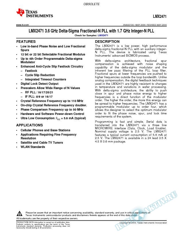 LMX2471 3.6 GHz Delta-Sigma Fractional-N PLL with 1.7 GHz Integer-N PLL (Rev. A)