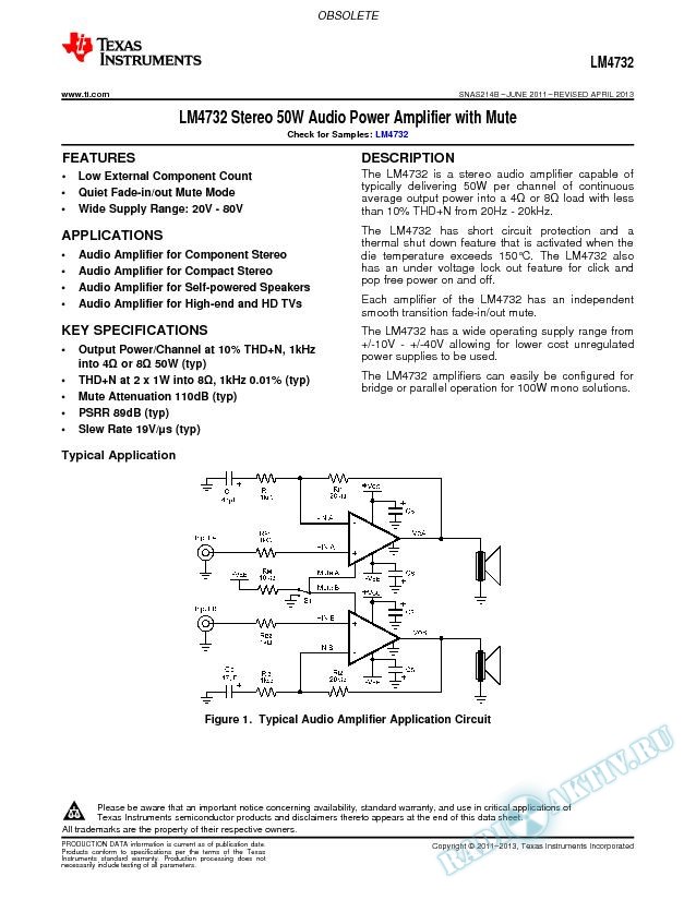LM4732Stereo 50W Audio Power Amplifier with Mute (Rev. B)