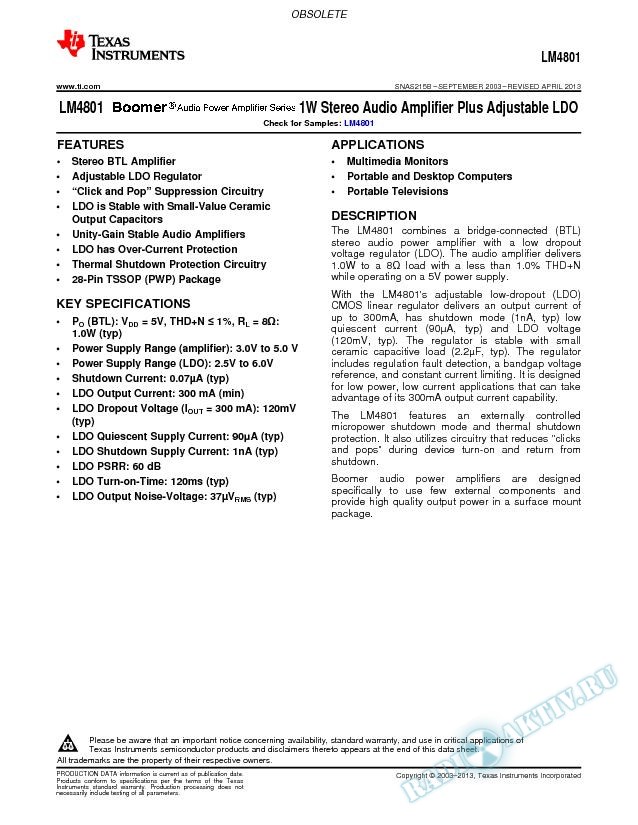 LM4801 1W Stereo Audio Amplifier Plus Adjustable LDO (Rev. B)
