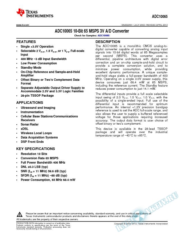 ADC10065 10-Bit 65 MSPS 3V A/D Converter (Rev. H)