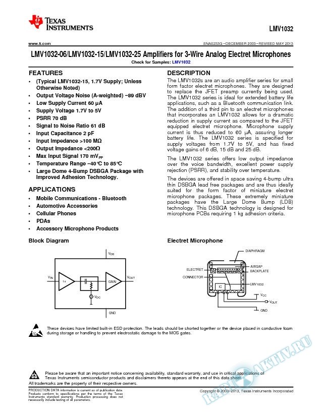 LMV1032-06/LMV1032-15/LMV1032-25 Amps for 3-Wire Analog Electret Microphones (Rev. G)