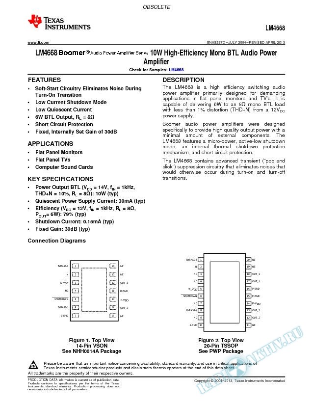 LM4668 10W High-Efficiency Mono BTL Audio Power Amplifier (Rev. D)
