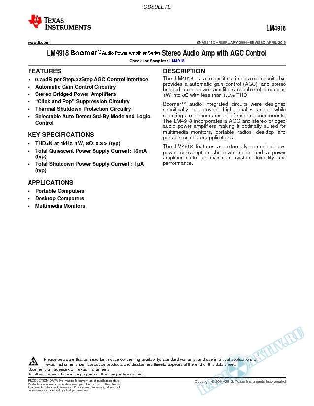 LM4918  Stereo Audio Amp with AGC Control (Rev. C)