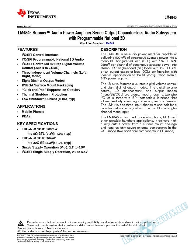 LM4845 Output Cap-less Audio Subsys w/ Prog National 3D (Rev. L)