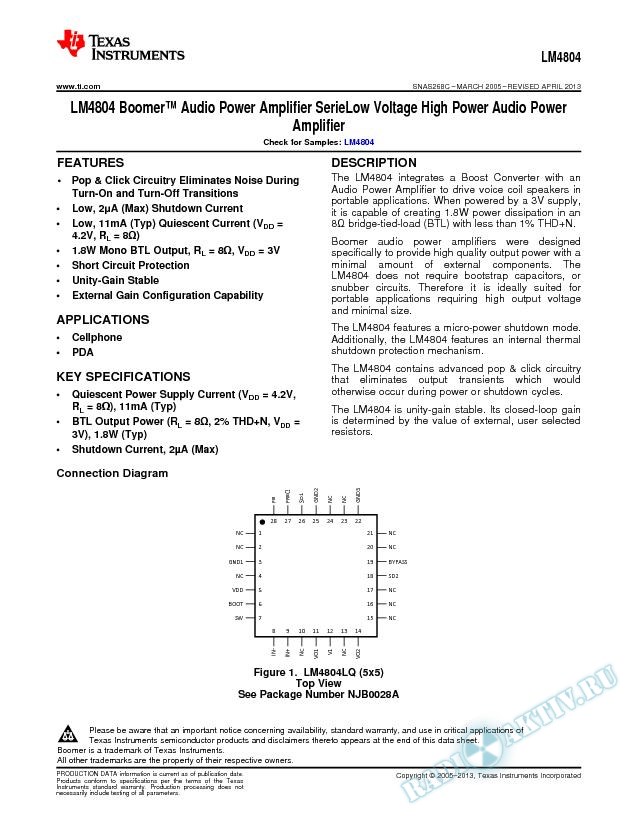 LM4804 Low Voltage High Power Audio Power Amplifier (Rev. C)