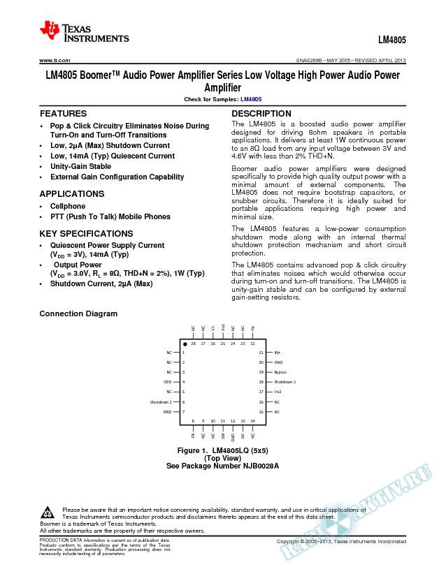 LM4805 Low Voltage High Power Audio Power Amplifier (Rev. B)