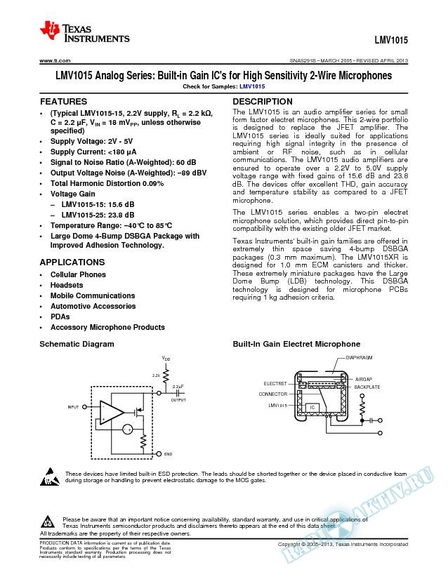 LMV1015 Analog Series: Built-in Gain IC`s for High Sensitivity 2-Wire Microphone (Rev. B)