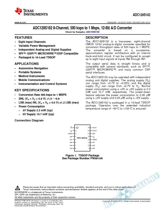 ADC128S102 8-Channel, 500 ksps to 1 Msps, 12-Bit A/D Converter (Rev. F)