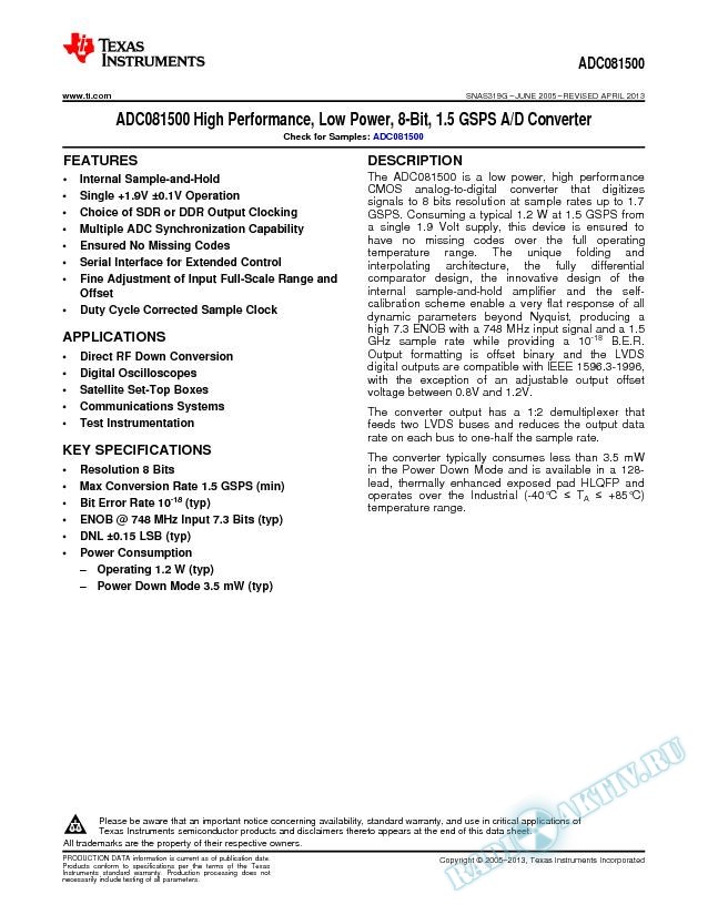 ADC081500 High Performance, Low Power, 8-Bit, 1.5 GSPS A/D Converter (Rev. G)