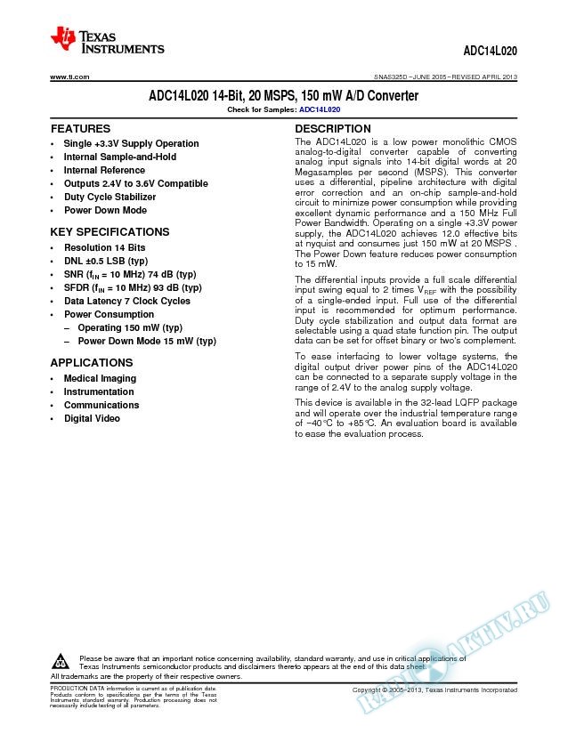 ADC14L020 14-Bit, 20 MSPS, 150 mW A/D Converter (Rev. D)