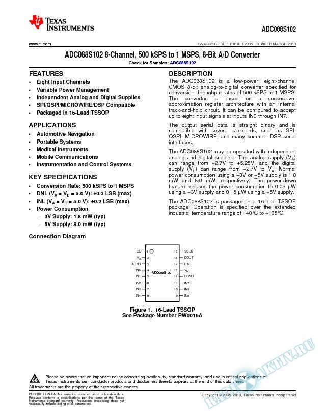 ADC088S102 8-Channel, 500 kSPS to 1 MSPS, 8-Bit A/D Converter (Rev. B)