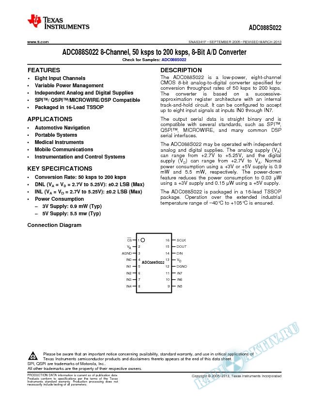 ADC088S022 8-Channel, 50 ksps to 200 ksps, 8-Bit A/D Converter (Rev. F)