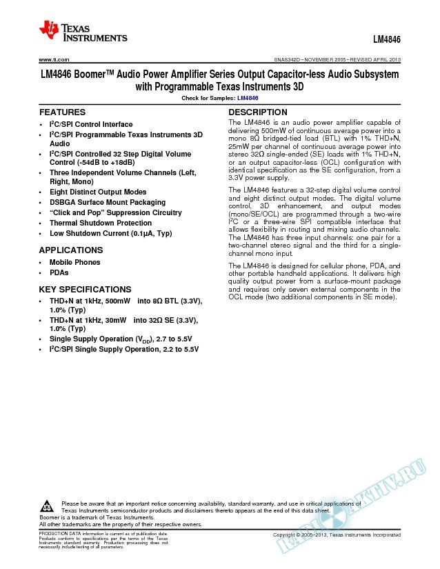 LM4846 Output Cap-less Audio Subsys w/Prog National 3D (Rev. D)