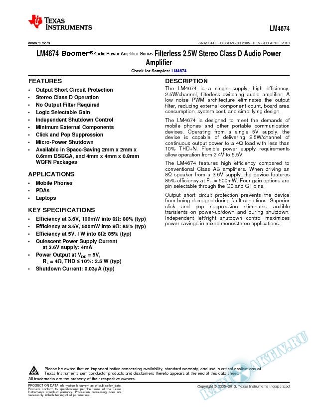 LM4674 Filterless 2.5W Stereo Class D Audio Power Amplifier (Rev. E)