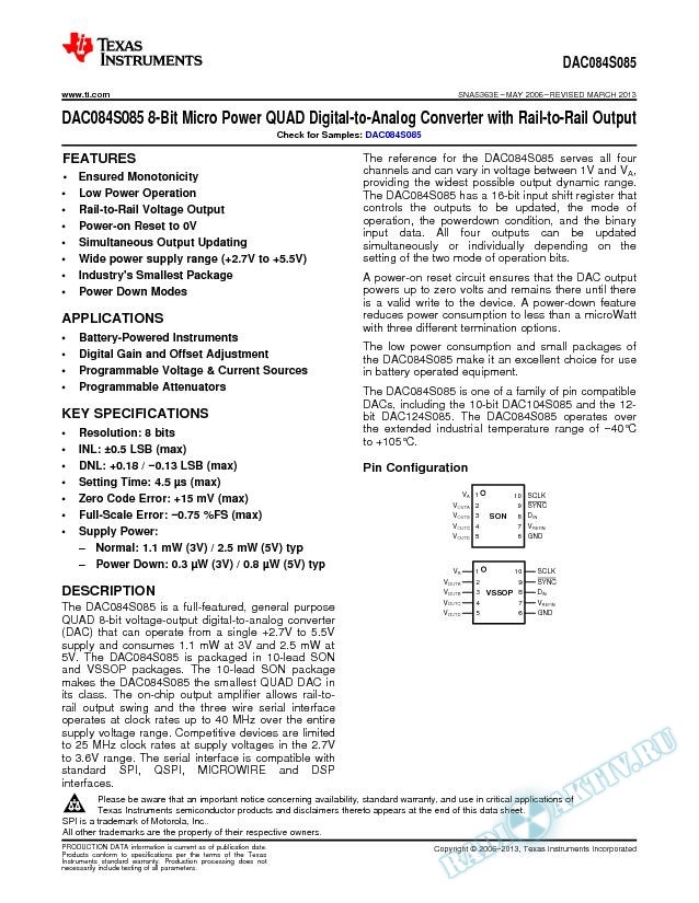 DAC084S085 8-Bit Micro Pwr QUAD DAC w/Rail-to-Rail Output (Rev. E)