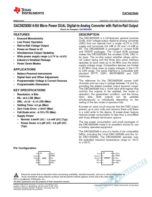 DAC082S085 8-Bit Micro Pwr DUAL DAC w/Rail-to-Rail Output (Rev. F)