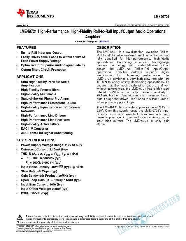 High Performance, High Fidelity Rail-to-Rail I/O Audio Operational Amplifier (Rev. C)