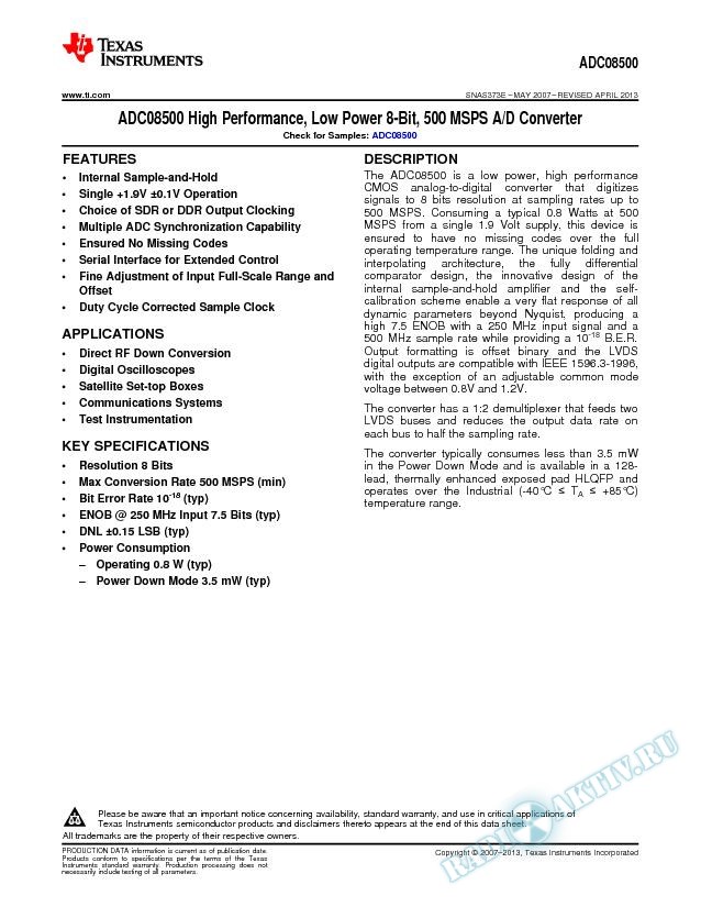 ADC08500 High Performance, Low Power 8-Bit, 500 MSPS A/D Converter (Rev. E)