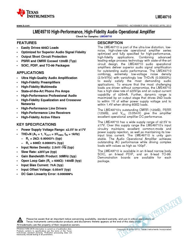 LME49710 High Performance, High Fidelity Audio Operational Amplifier (Rev. C)