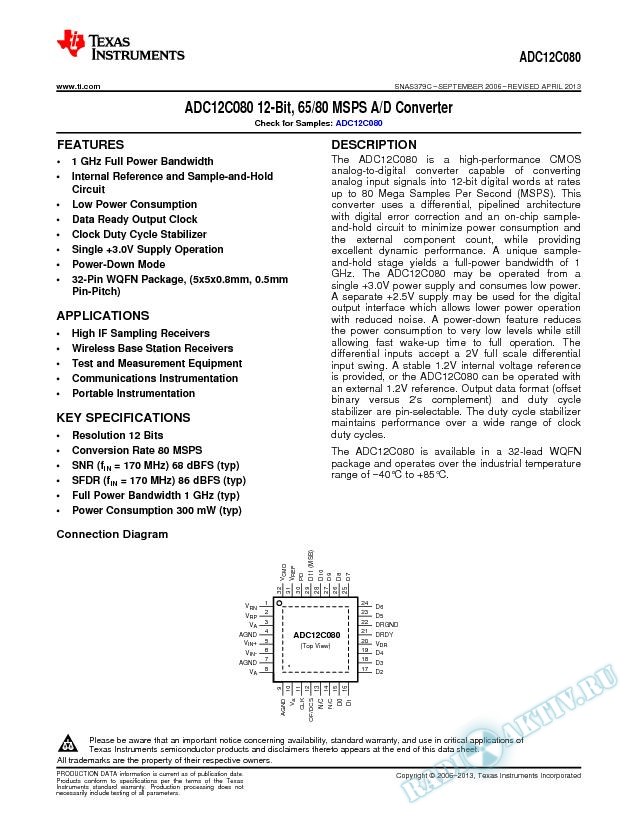 ADC12C080 12-Bit, 65/80 MSPS A/D Converter (Rev. C)