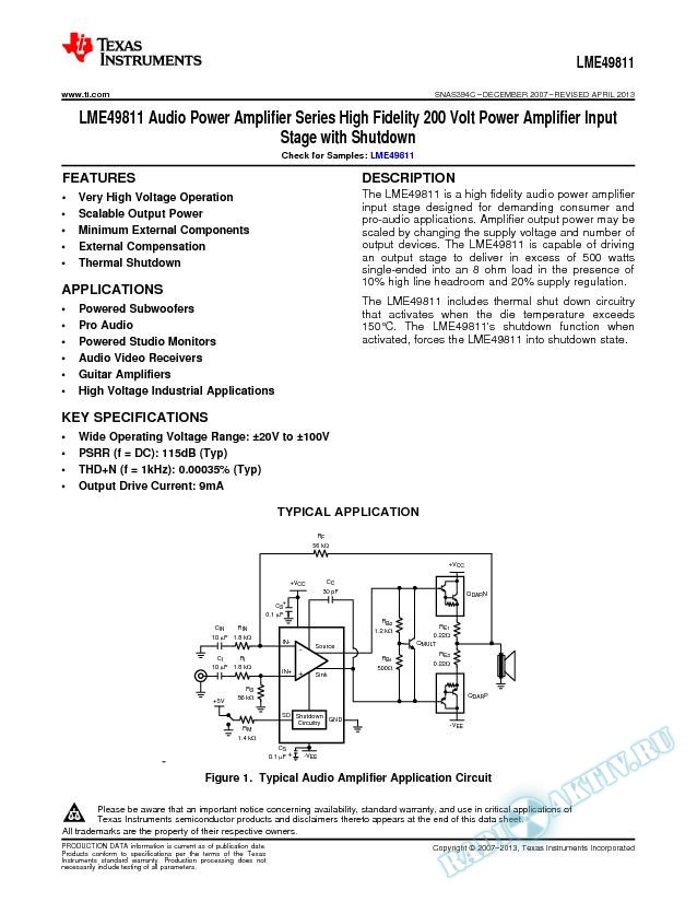 Audio Power Amp Series High Fidelity 200 Volt Power Amp Input Stage w/ Shutdown (Rev. C)