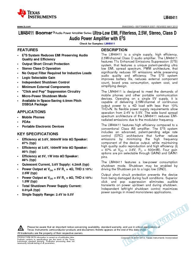 Ultra-Low EMI, Filterless, 2.5W, Stereo, Class D Audio Power Amplifier w/E2S (Rev. G)