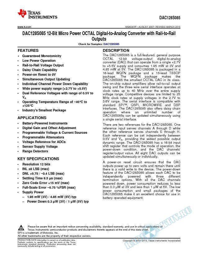 12-Bit Micro Power OCTAL Digital-to-Analog Converter with Rail-to-Rail Outputs (Rev. F)