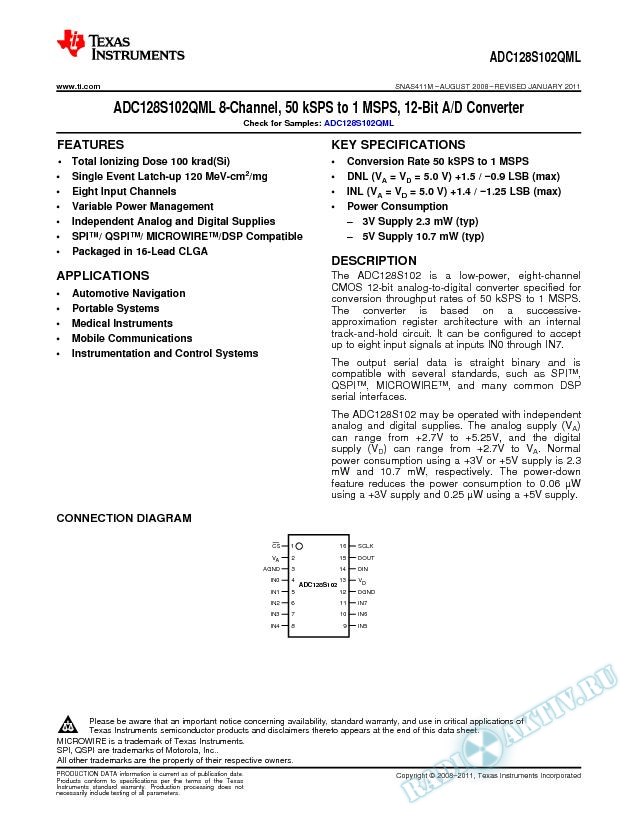 ADC128S102QML 8-Channel, 50 kSPS to 1 MSPS, 12-Bit A/D Converter (Rev. M)