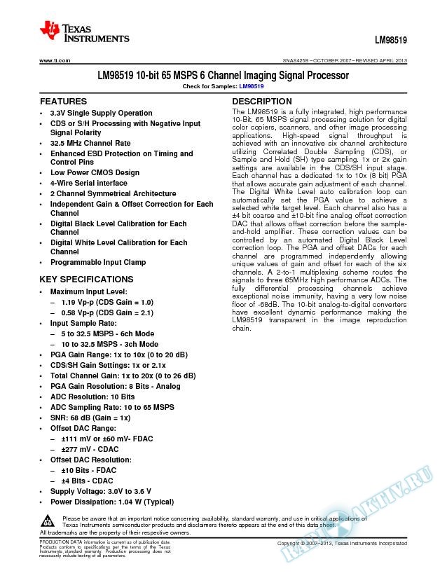 LM98519 10-bit 65 MSPS 6 Channel Imaging Signal Processor (Rev. B)