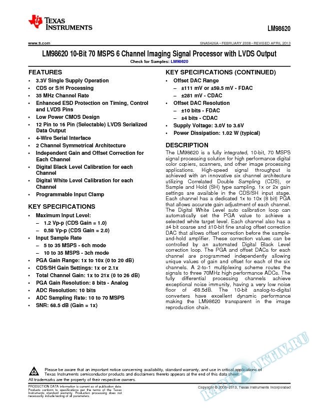 LM98620  10-bit 70 MSPS 6 Channel Imaging Signal Processor with LVDS Output (Rev. A)