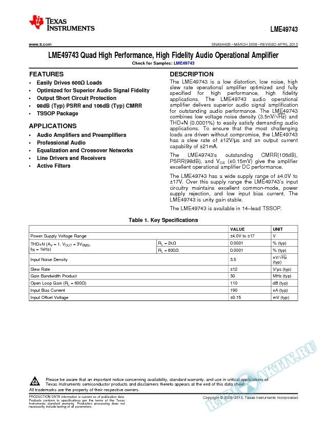 LME49743 Quad High Performance, High Fidelity Audio Operational Amplifier (Rev. B)