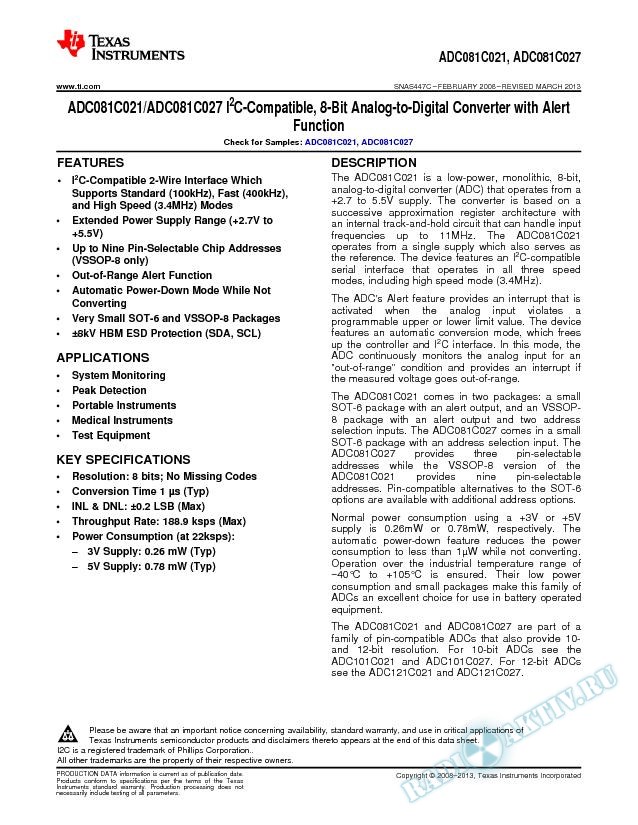 ADC081C021/C027 I2C-Compatible, 8-Bit ADC with Alert Function (Rev. C)