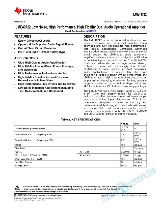 Low Noise, High Performance, High Fidelity Dual Audio Operational Amplifier (Rev. A)