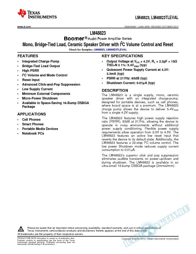 Mono, Bridge-Tied Load, Ceramic Speaker Driver w/I2C Volume Control and Reset (Rev. E)