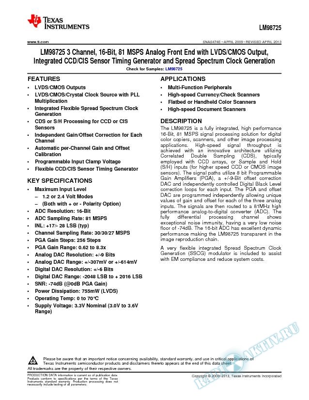 3 Ch, 16-Bit, 81 MSPS Analog Front End w/LVDS/CMOS Output, CCD/CIS Sensor Timing (Rev. E)