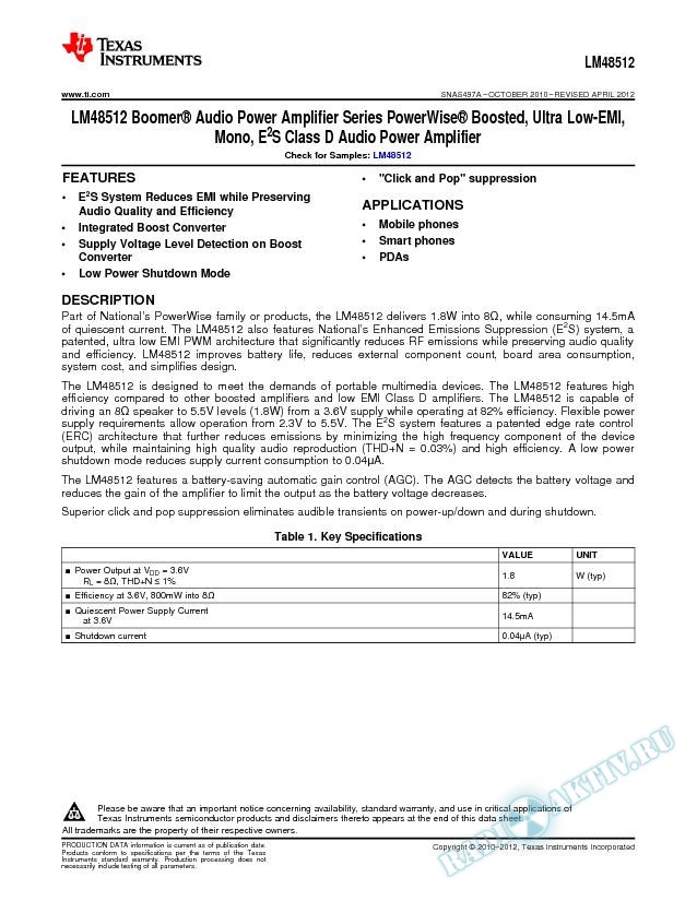 PowerWise Boosted, Ultra Lo-EMI, Mono, E2S Class D Audio Pwr Amp (Rev. A)