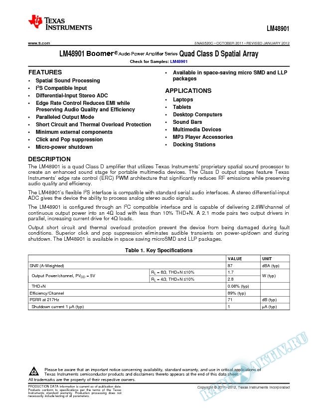 LM48901  Quad Class D Spatial Array (Rev. C)