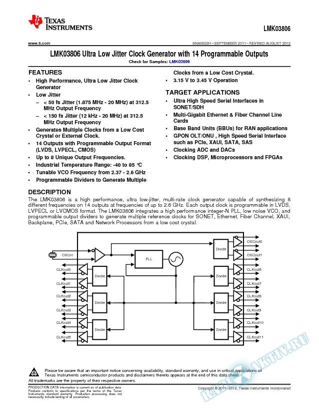 LMK03806 Ultra Low Jitter Clock Generator w/14 Programmable Outputs (Rev. H)