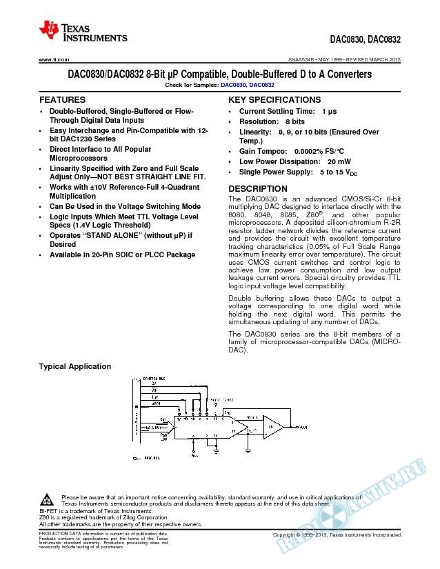 DAC0830/DAC0832 8-Bit uP Compatible, Double-Buffered D to A Converters (Rev. B)