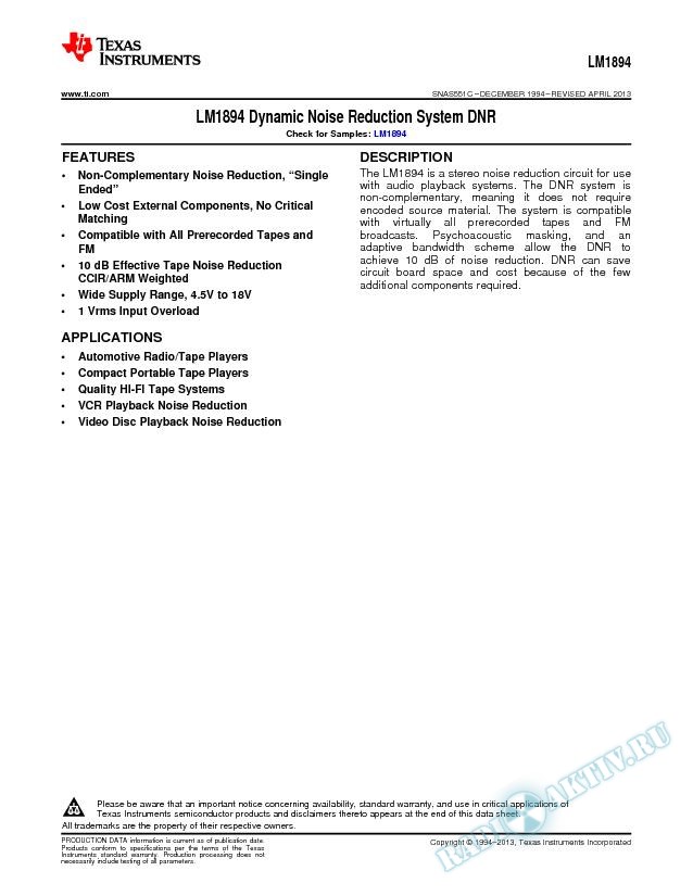 LM1894 Dynamic Noise Reduction System DNR (Rev. C)