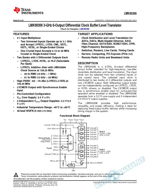 LMK00306 3-GHz 6-Output Differential Clock Buffer/Level Translator (Rev. C)