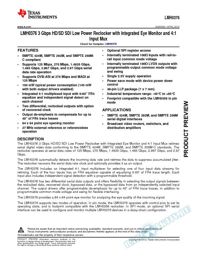 LMH0376 3 GBps HD/SD SDI Low Pwr Reclocker w Integ Eye Mon