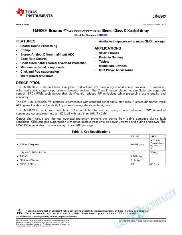 LM48903 Stereo Class D Spatial Array