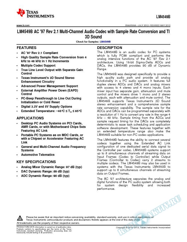 LM4549B AC `97 Rev 2.1 Multi-Chan Audio Codec w Samp Rate (Rev. A)