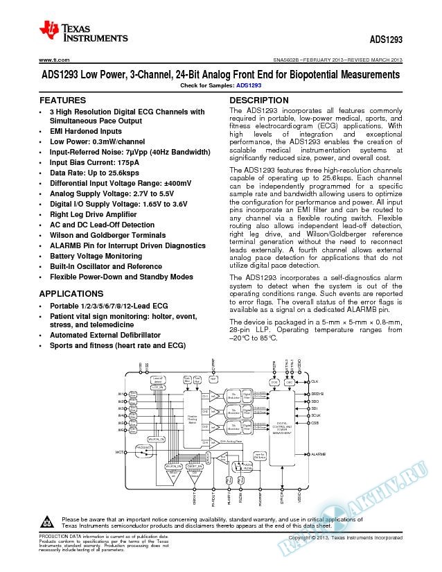ADS1293 Low POwer, 3-Channel, 24-Bit AFE for Biopotential Measurements (Rev. B)