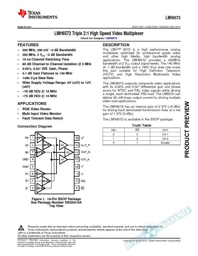 LMH6572 Triple 2:1 High Speed Video Multiplexer (Rev. F)