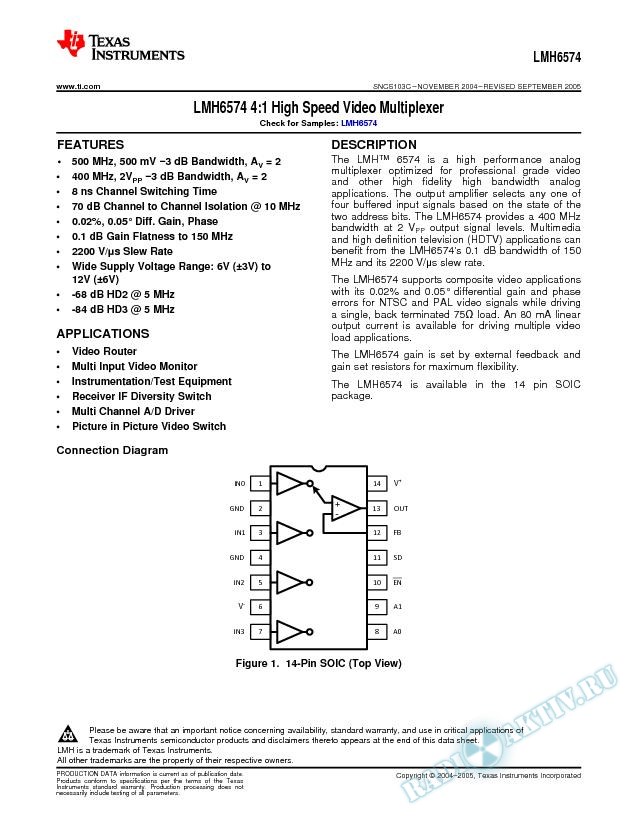 LMH6574 4:1 High Speed Video Multiplexer (Rev. C)
