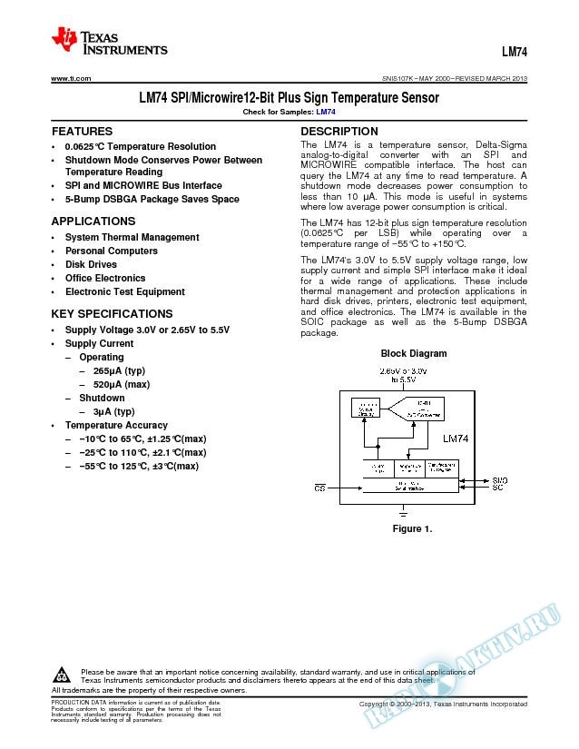 LM74 SPI/ MICROWIRE  12-Bit Plus Sign Temperature Sensor (Rev. K)